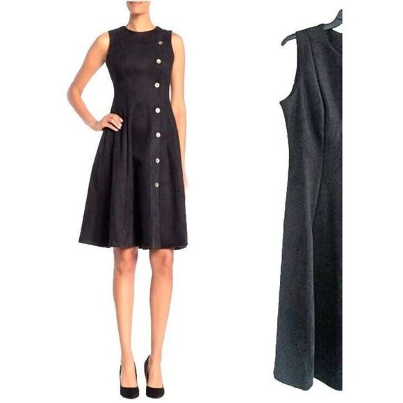 Calvin Klein Scuba Blue Faux Suede A-Line Sleeveless Dress 8 Back Zip Button NWT - Picture 1 of 12